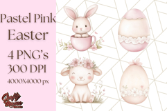 Pastel Pink Easter Bunny Egg and Flowers Clipart PNG Product Image 1