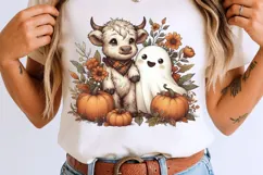Retro Halloween Ghost And Highland Cow Png, Floral Fall Png. Product Image 8