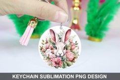 Bunny Round Keychain, Bunny Flowers Keychain Design Product Image 1