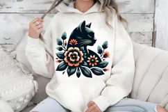 Folk Art Black Cat PNG, Floral Botanical Sublimation Product Image 7
