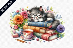Books And Sleeping Cat Sublimation - Clipart PNG Design Product Image 1