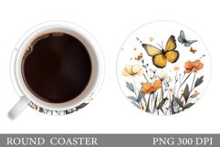 Butterflies Coaster Sublimation. Flowers Round Coaster Product Image 1