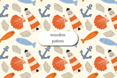 Coastal Lighthouse &amp; Shell Seamless Nautical Pattern Product Image 1