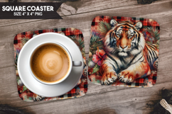 Tiger, Wild Animals, Buffalo Plaid Square Coaster PNG Product Image 1