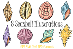 8 Seashell Vibrant Clipart Illustrations Ocean Beach Art Product Image 1