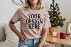 Bella Canvas 3001 Heather Peach Christmas Shirt Mockup, Tran Product Image 1
