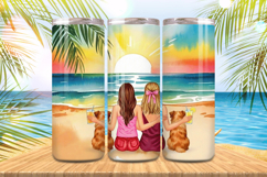 Two girls enjoy the sunset Scene on beach Tumbler Wrap PNG Product Image 1