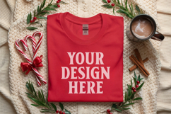 Gildan 5000 Red Folded Christmas Mockup, G5000 mockup Product Image 1