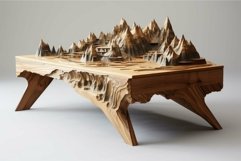 Artistic wooden table with carved mountain landscape Product Image 1