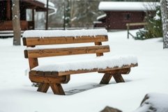 Snow-covered wooden bench in winter setting Product Image 1