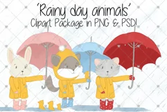 Animal Clipart, Rain Clipart, Cat, Racoon, Bunny, Clipart, Product Image 1