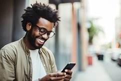 Man Using Smart Phone with Blur Background Wallpaper Product Image 1