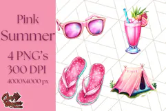 Pink Summer Clipart, Cute Beach Icons, Aesthetic PNG Product Image 1