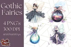 Gothic Fairy & Potion Clipart, Dark Fantasy PNG Printable Product Image 1