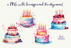 4 Birthday Cakes Watercolor Clipart PNG Product Image 2