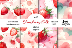 Strawberry Milk Digital Paper Watercolor Seamless Patterns Product Image 1