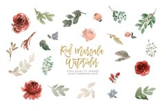 Red Marsala Watercolor Elements, Clipart Flowers Product Image 2