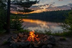 Campfire burning bright by the lake at sunset Product Image 1