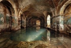 Abandoned flooded hall with ornate ceilings Product Image 1
