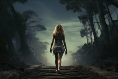 Mysterious woman walking in foggy forest at night Product Image 1