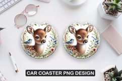 Floral Deer Car Coaster Sublimation| Animal Coaster PNG Product Image 1