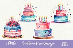 4 Birthday Cakes Watercolor Clipart PNG Product Image 1