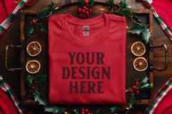 Gildan 5000 Red Folded Christmas Mockup, G5000 mockup Product Image 1