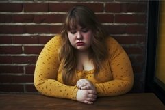 Pensive woman sitting by brick wall Product Image 1
