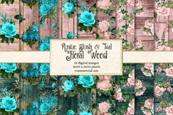 Rustic Blush and Teal Floral Wood Digital Paper Product Image 1