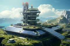 Futuristic sustainable energy facility on coastal landscape Product Image 1
