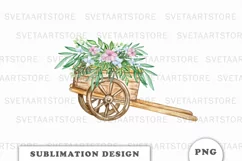 Watercolor Wooden Cart with Flowers, Rustic Sublimation Product Image 1