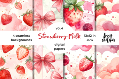 Strawberry Milk Digital Paper Watercolor Seamless Patterns Product Image 1