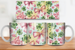 Pink Bows and Shamrocks Glitter Mug Wrap PNG Sublimation Des Product Image 1
