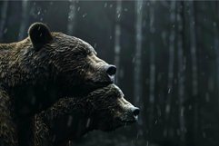 Two brown bears standing in the rain in a forest Product Image 1