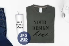 Skinny Tumbler & Dark Gray T-shirt Mockup, folded t-shirt Product Image 1