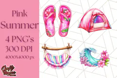 Pink Summer Clipart, Cute Beach Icons, Aesthetic PNG Product Image 1
