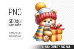 Christmas Bear Clipart PNG, Watercolor Christmas Animals Product Image 1