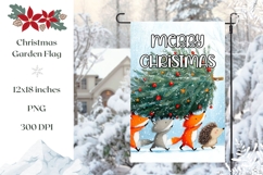 Merry Christmas Garden Flag, Cartoon Winter Animals PNG Product Image 1