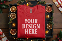 Gildan 5000 Red Folded Christmas Mockup, G5000 mockup Product Image 1