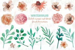 Faded orange and blush flowers and green leaves watercolor Product Image 1