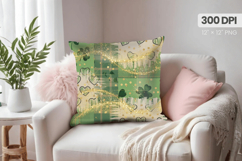 Green Shamrock Hearts Gold Pillow PNG Sublimation Design Product Image 1