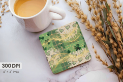 Green Shamrock Hearts Gold Square Coaster PNG Sublimation De Product Image 1