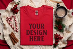 Gildan 5000 Red Folded Christmas Mockup, G5000 mockup Product Image 1