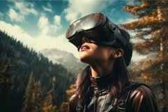 Woman experiencing virtual reality in forest setting Product Image 1