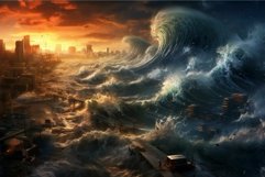 Powerful Big tsunami city wave. Generate Ai Product Image 1