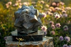 Modern abstract geometric sculpture standing on stone pedest Product Image 1