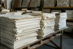Piles of old paper sheets stacked on wooden table Product Image 1