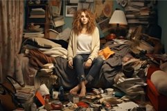 Overwhelmed woman in cluttered room Product Image 1