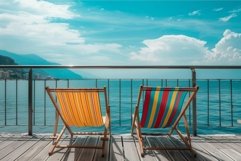 Serene lakeside relaxation with colorful deck chairs Product Image 1