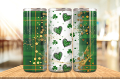 Green Plaid Shamrock Hearts Glitter Tumbler Wrap PNG Sublima Product Image 1